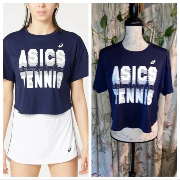 Asics Tennis Cropped T-Shirt Graphic Logo Activewear Top Size Large NWT - Picture 3 of 3